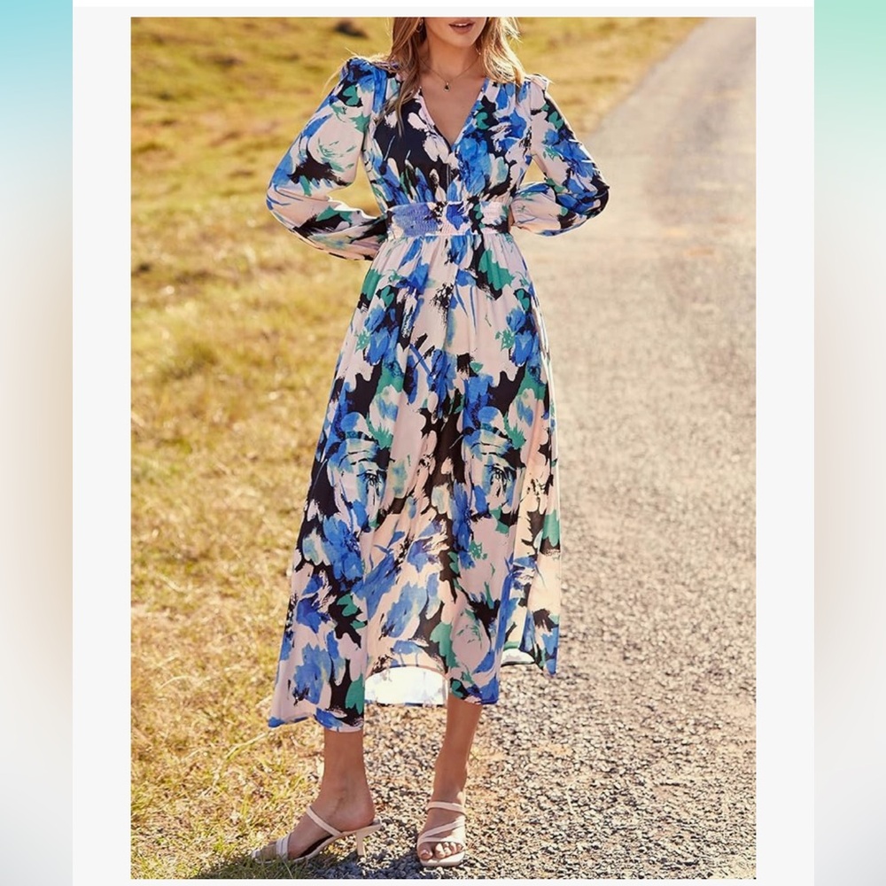 PrettyGarden Floral Blue cream Black watercolor vneck long sleeve XL Maxi Dress - Picture 2 of 16